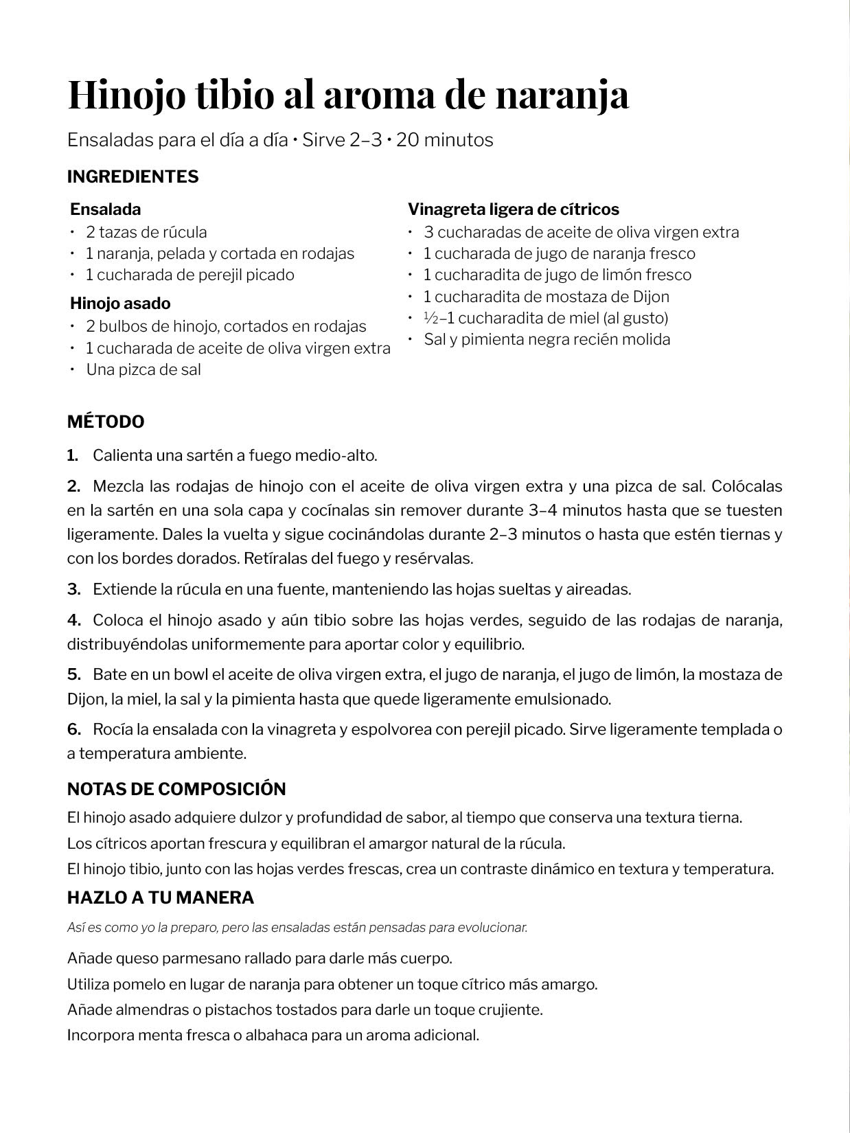 Página de receta de Hinojo tibio al aroma de naranja — ingredientes, método y notas de composición