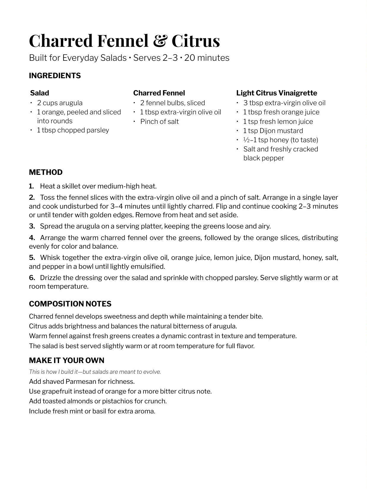 Recipe page for Charred Fennel & Citrus — ingredients, method and composition notes